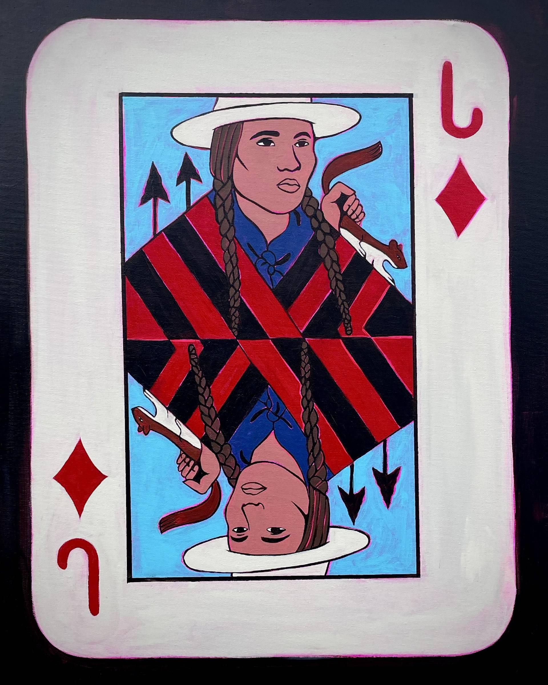 Painting of a playing card featuring a Native American as the Jack of Diamonds.